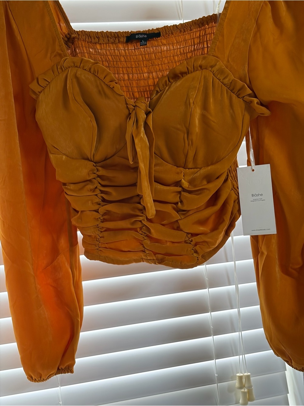 Women's Mustard Long-Sleeve Ruched Crop Top - Picture 3 of 4